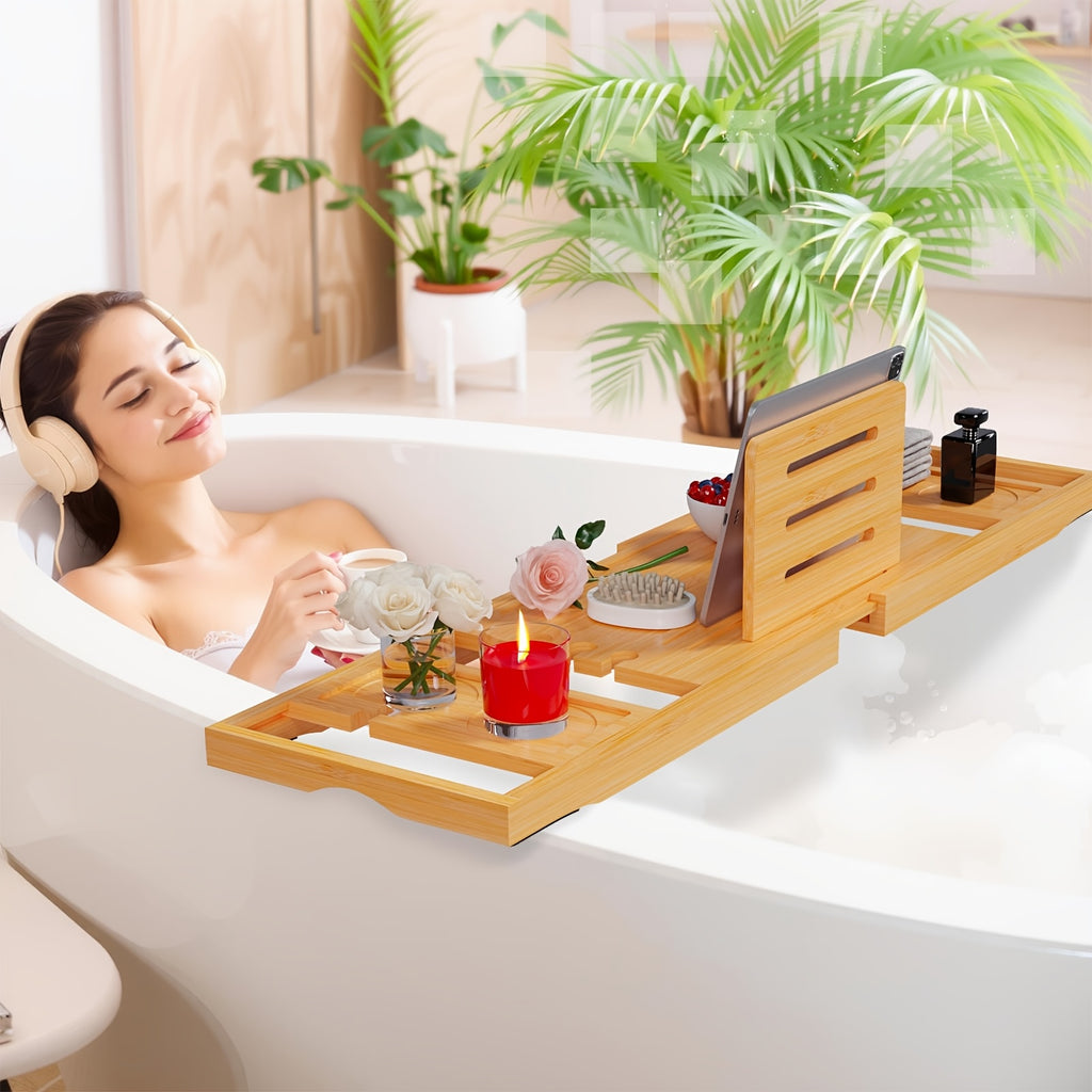 Sturdy And Durable Bathtub Tray, Made Of Wood. The Bath Table Tray Is Adjustable. The Bathtub - Specific Bath Caddy Tray Ensures Hassle - Free Storage. A Thoughtful Gift for Her.
