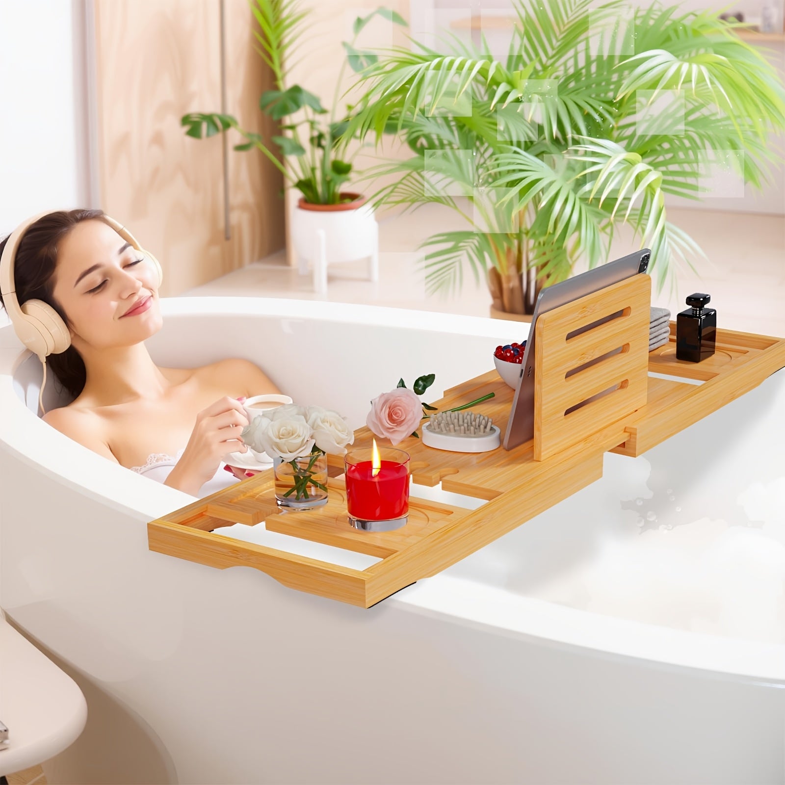 Sturdy And Durable Bathtub Tray, Made Of Wood. The Bath Table Tray Is Adjustable. The Bathtub - Specific Bath Caddy Tray Ensures Hassle - Free Storage. A Thoughtful Gift for Her.