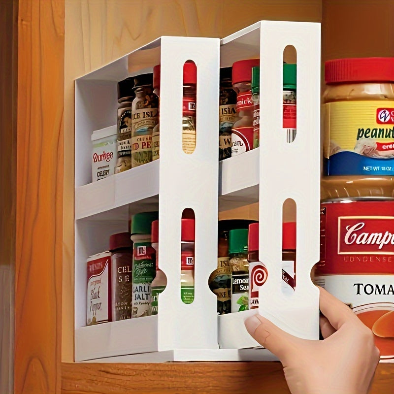 1 Large Capacity Kitchen Organizer - 2-Tier Rotating Spice Rack, Suitable for Countertops and Cabinets, Multi-functional Pull-out Storage Rack