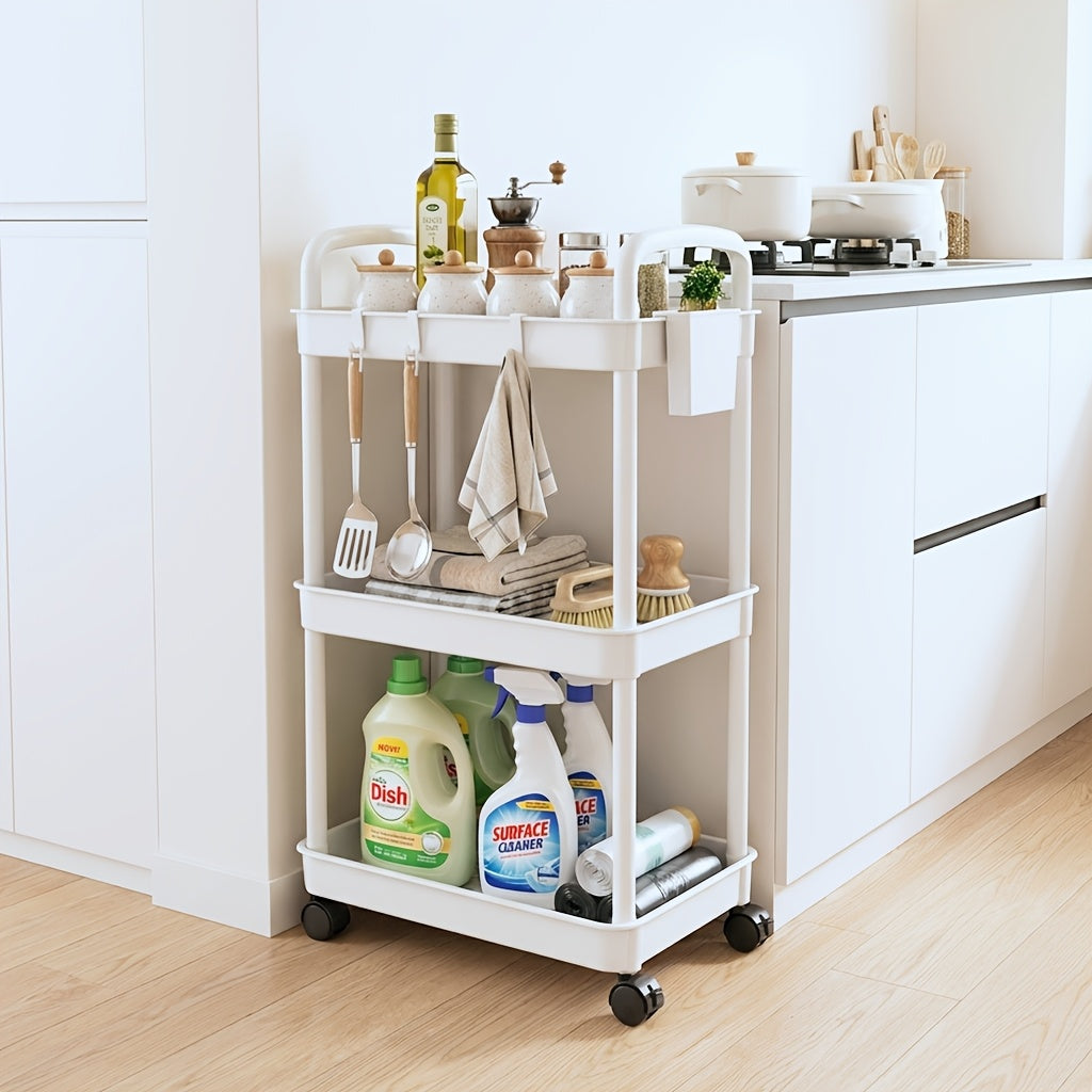 3/4/5-Tier Plastic Rolling Utility Cart with Handle, Multi-Functional Storage Trolley for Office, Living Room, Kitchen, Movable Storage Organizer with Wheels, White