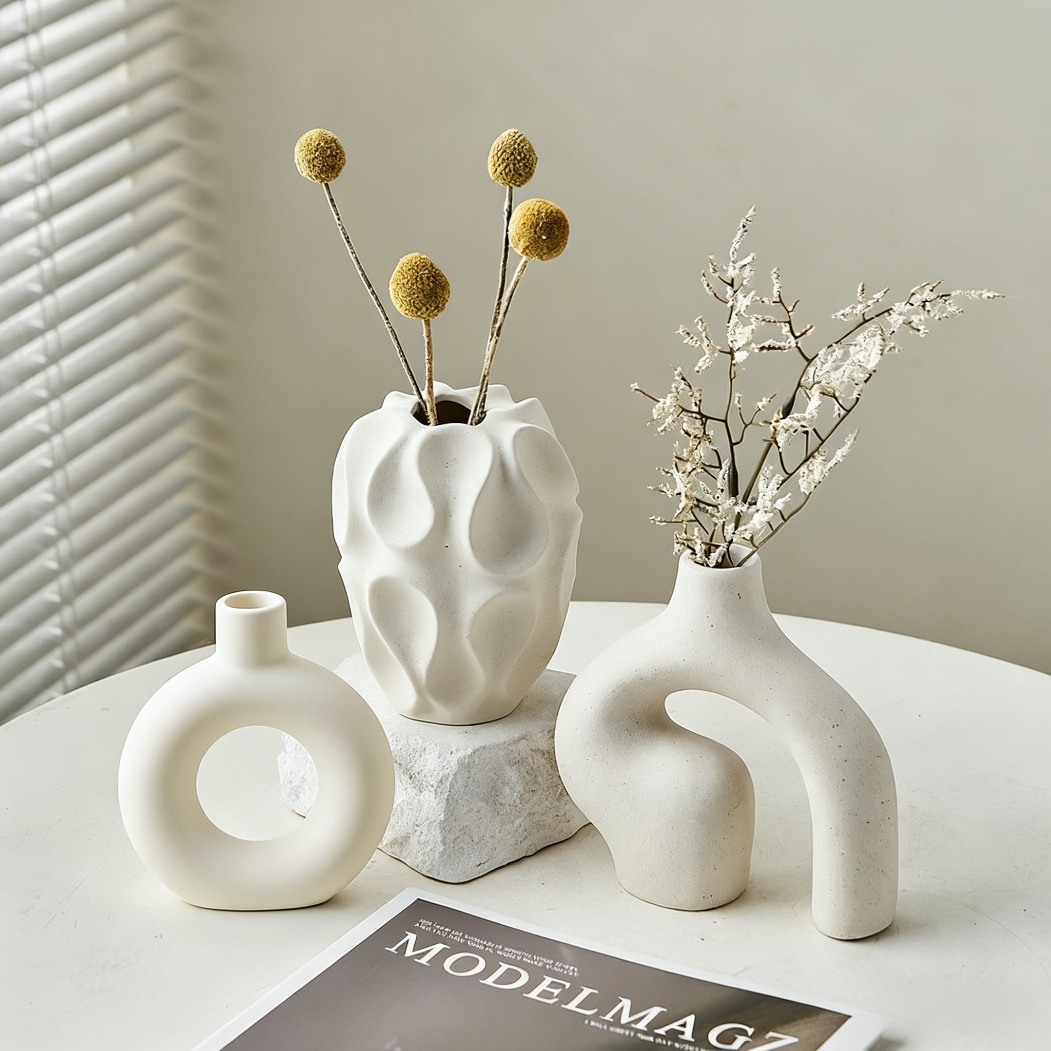 Kitchen Essential – Ceramic Vase Set 3 - Piece - Bohemian Farmhouse Style Decorative Vases Pampas Grass, Beige Vases Home Decor, Living Room, Kitchen, Bedroom, Entryway Mantel for Modern US