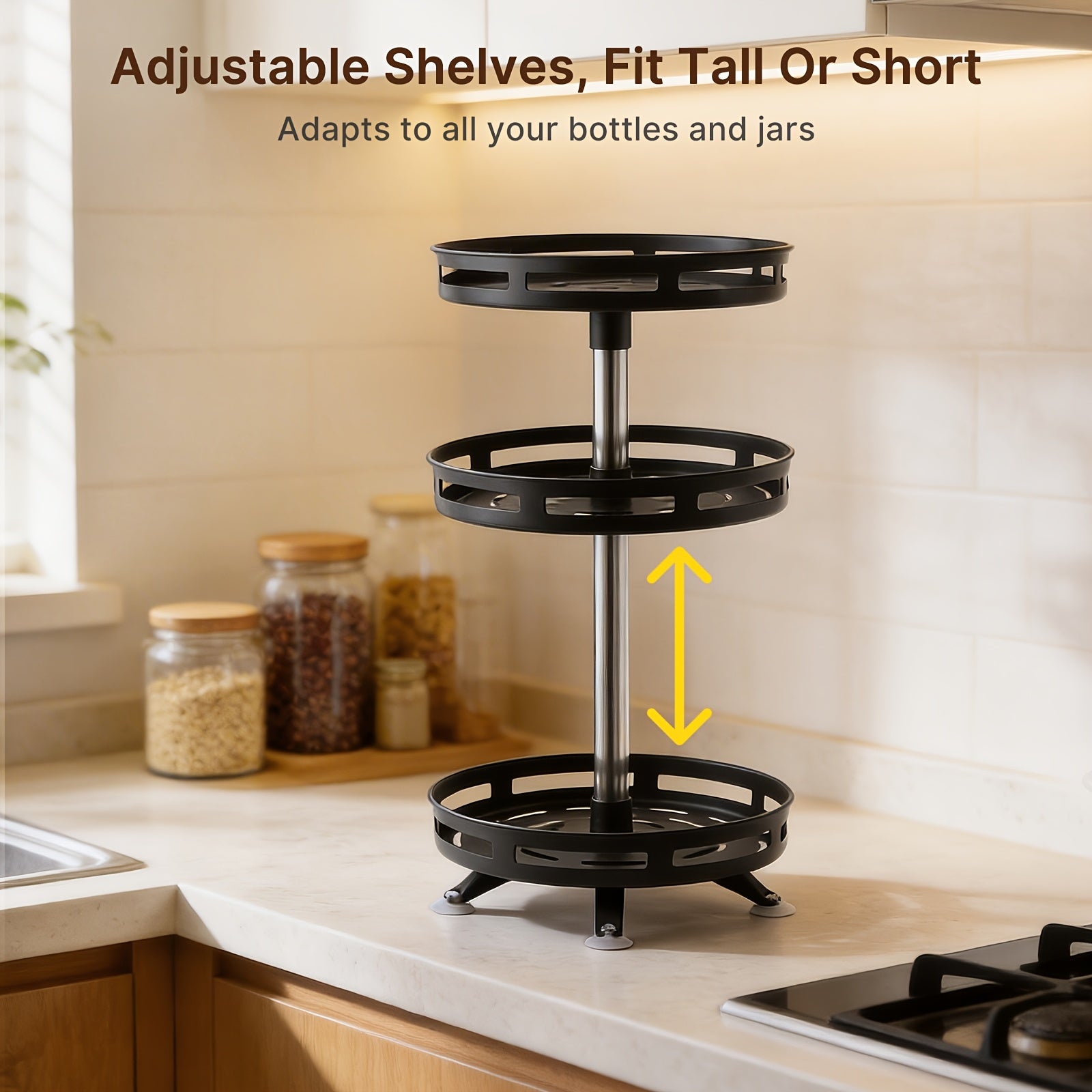 Modern Glass Spice Jar Set – clear reusable pantry storage, 3-Tier Rotating Kitchen Spice Rack Metal Turntable Rotating Spice And Seasoning Storage Rack Kitchen, designed for American homes, daily convenience and practical gifting