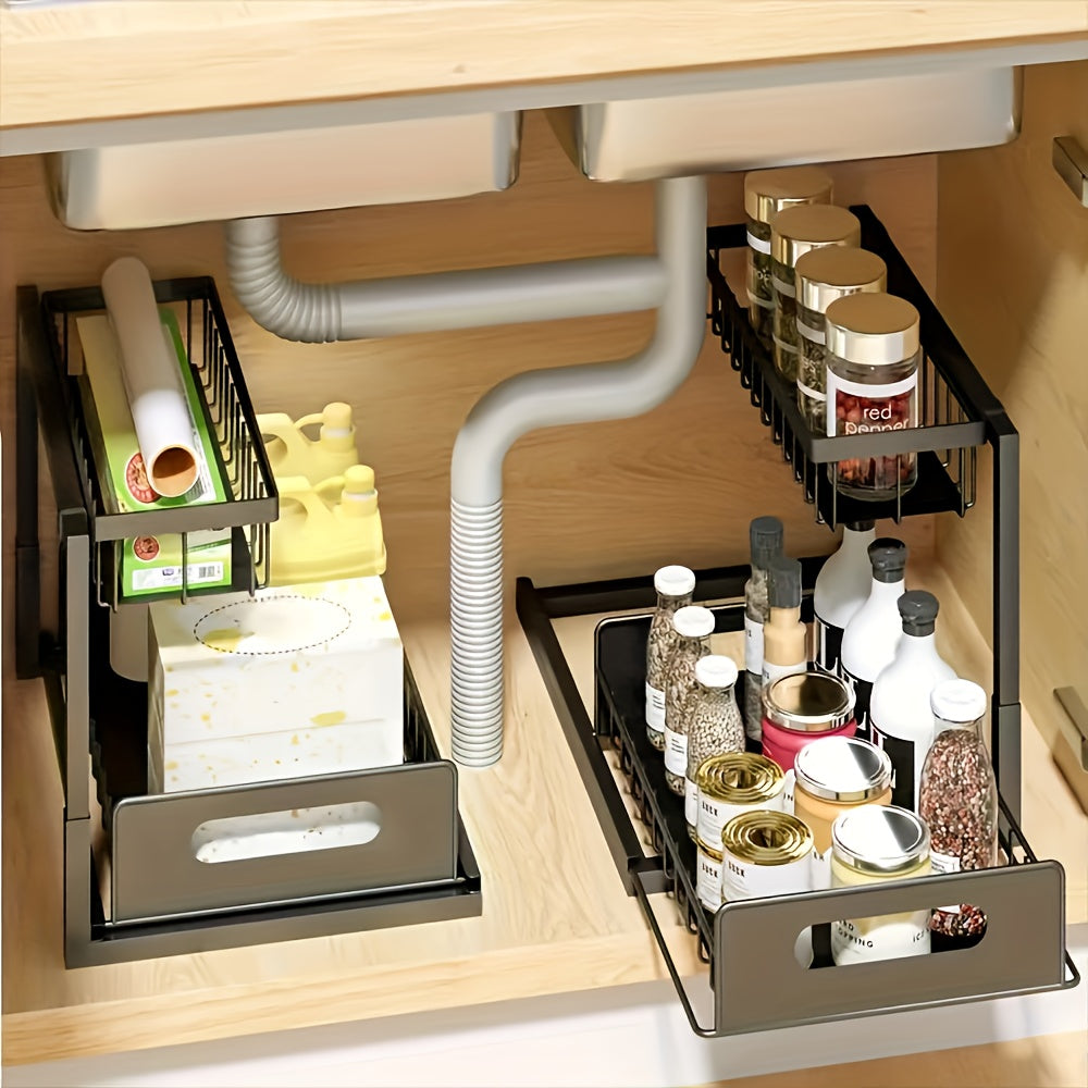 Kitchen Essential – Two-Tier Under-Sink Organizer Featuring a Sliding Drawer, Metal Pull-Out Storage Rack for Kitchen, Bathroom, Or Closet, Designed for Space Efficiency And Easy Access for