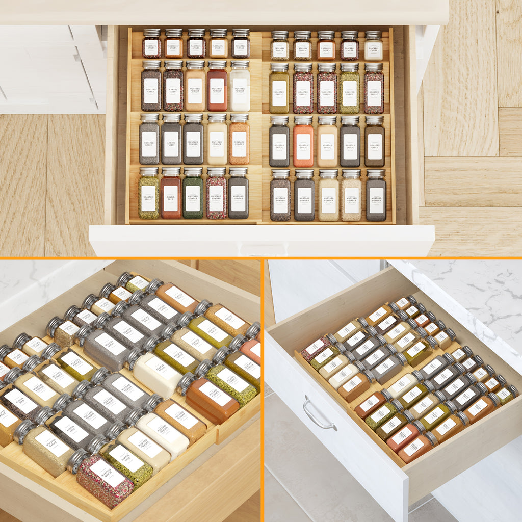 Compact Glass Spice Jar Set – clear reusable pantry storage, Expandable 4-Tier Bamboo Spice Drawer Organizer For Kitchen Cabinets Fits Drawers 3 Deep Adjustable, designed for American homes, daily convenience and practical gifting