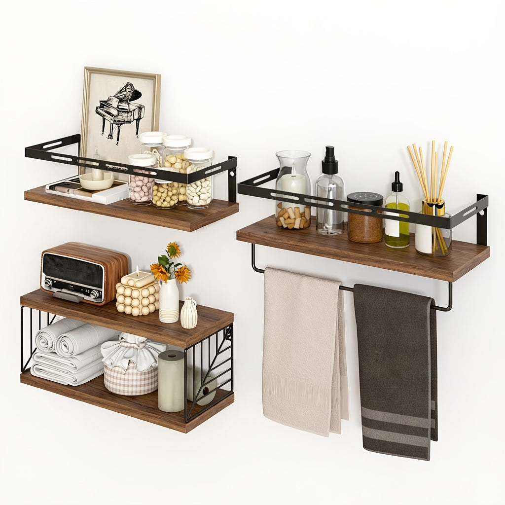Heavy-Duty 1 Tier Adjustable Home Storage Rack – durable multi-purpose storage, TOMNK 3 1 Tier Floating Shelves for Wall with Black Metal Guardrail And Storage, designed for American homes, daily convenience and practical gifting