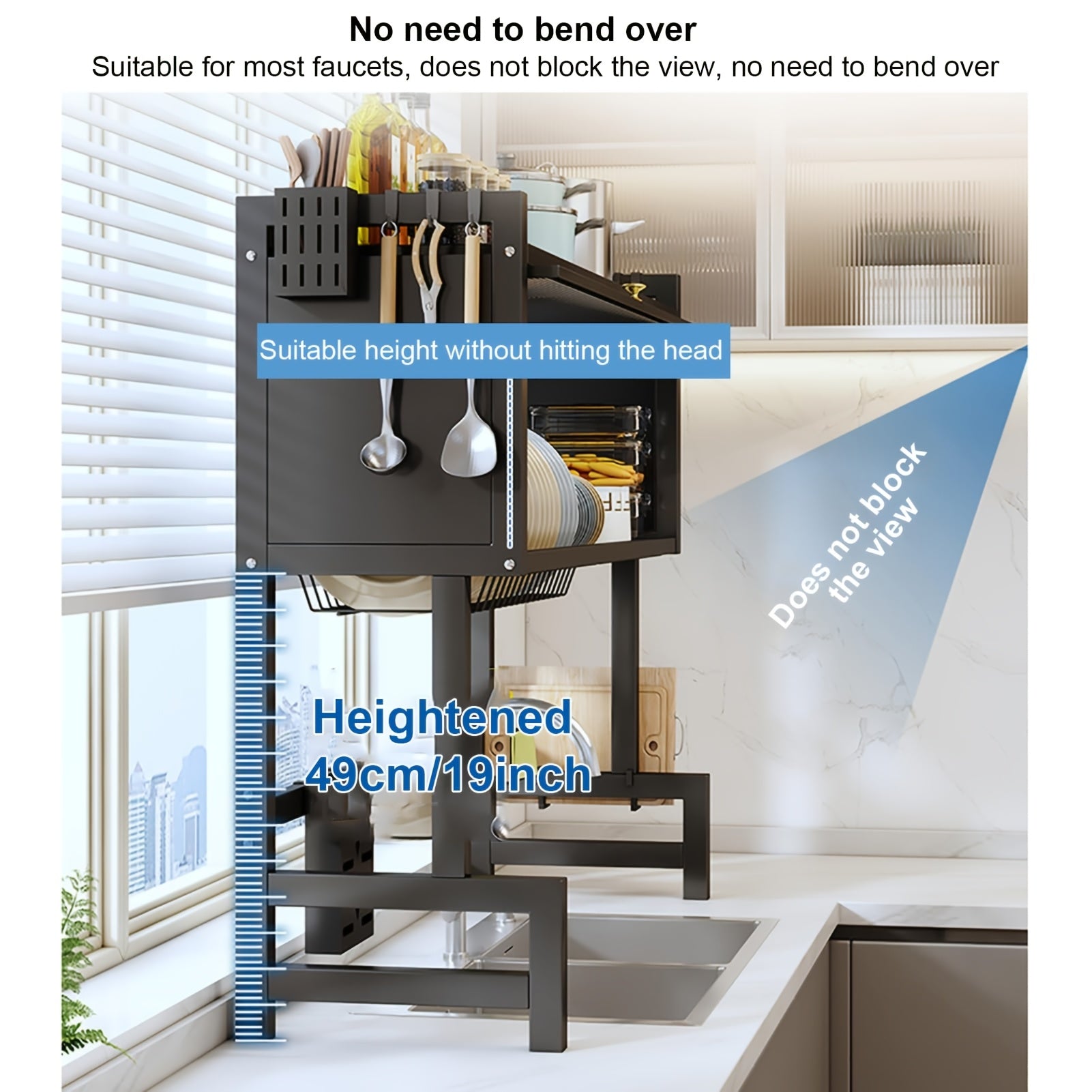 3-Tier Black Metal Kitchen Organizer with Dish Rack, Cutting Board Holder & Utensil Hooks - Over Sink/Countertop Space-Saving Storage for Plates, Bowls - Includes Lid, Spice Containers & Cup Holders - Durable Design for Organized Home Chef Kitchens