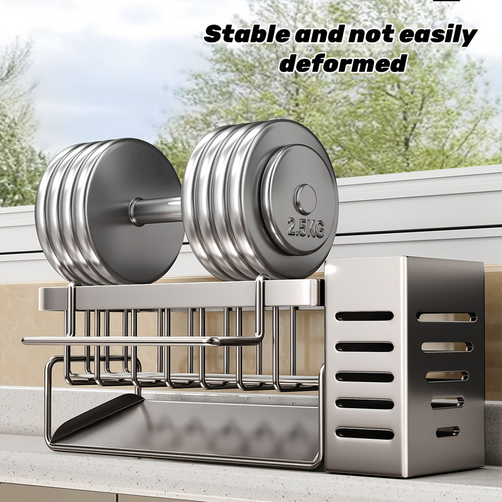 Stainless Steel Kitchen & Bathroom Organizer with Drainage - Multi-Purpose Storage Rack for Spices, Toothbrushes, Soap, and Cleaning Supplies, Includes Drainage Bucket for Sink Organization, Kitchen Sink Organizer