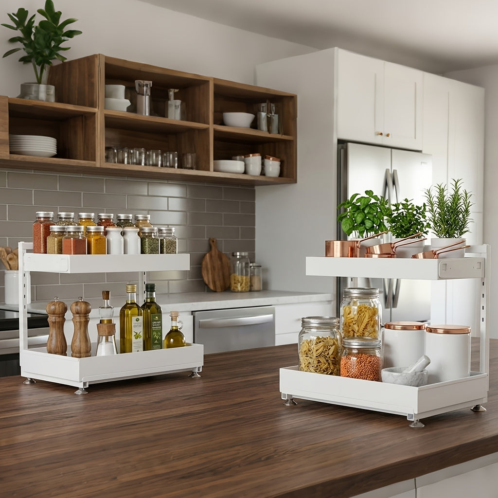 2-Pack Under Sink Organizer, 2-Tier Pull-Out Storage Rack, Adjustable Metal Cabinet Organizer for Kitchen Bathroom Pantry