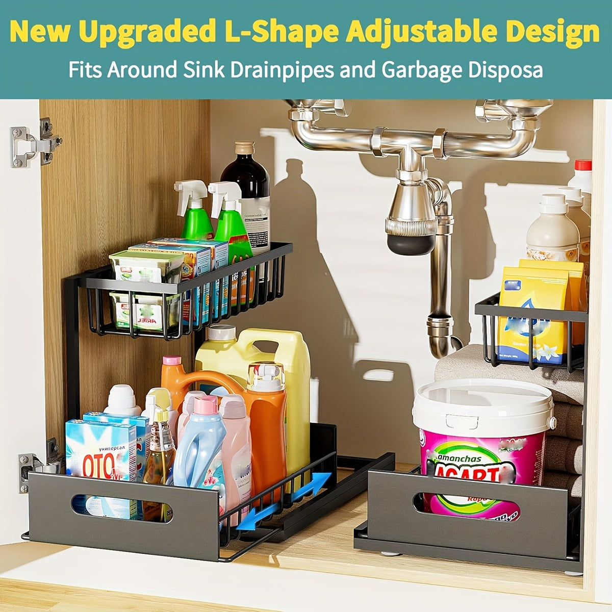 Set of 2 Under-Sink Storage Organizers, Featuring a Pull-Out Cabinet Design, with a Two-Tier Sliding Basket Shelf Suitable for Kitchen And Bathroom Use, Adjustable L-Shaped Counter Organizers