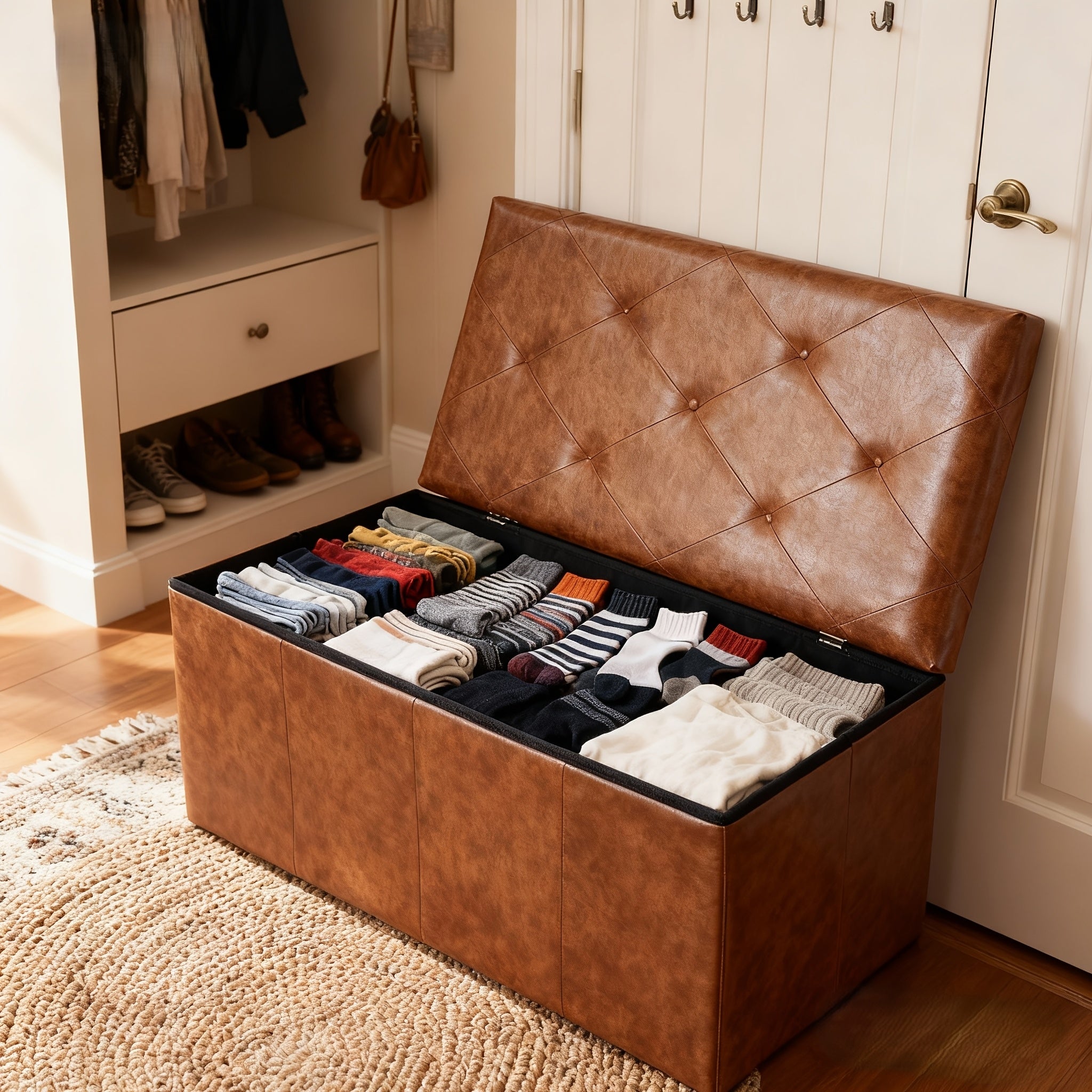 Home Organizer – Multi-Functional Ottoman with Storage Bench Folding Foot Rest Stool