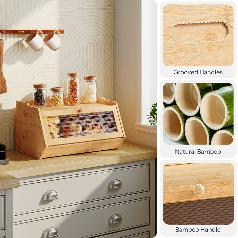 Space-Saving Countertop Bread Storage Box – fresh-bread countertop organization, Large Bamboo Bread Box with Acrylic Window Drop-Down Door - Farmhouse Kitchen Storage Cabinet, designed for American homes, daily convenience and practical gifting