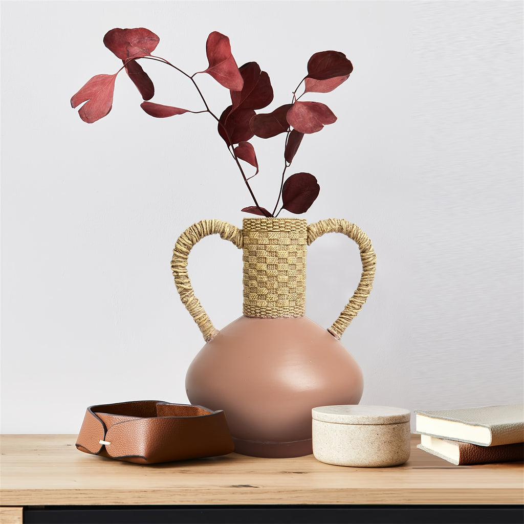 Terracotta Vase with Woven Handles, Rustic Decorative Flower Vase, Boho Farmhouse Home Decor for Living Room Shelf Tabletop Centerpiece