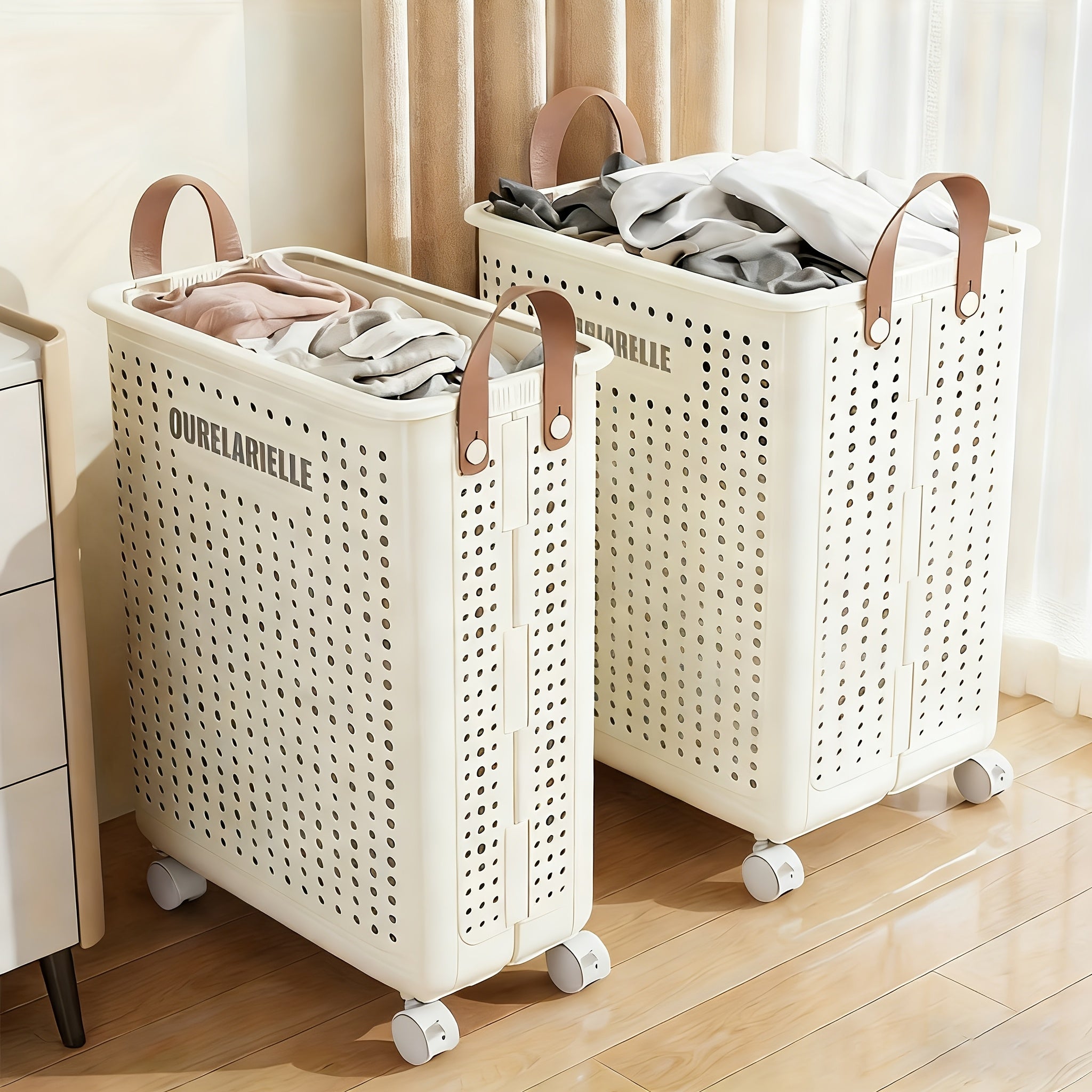 15.8/20GaA Large Foldable Wheeled Laundry Basket (Multiple Sizes Available) Without Lid - Faux Leather, Solid Color, Versatile Folding Portable Laundry Basket for Bathroom and Balcony Storage, Laundry Bag, Laundry Room Accessories, Laundry Baskets