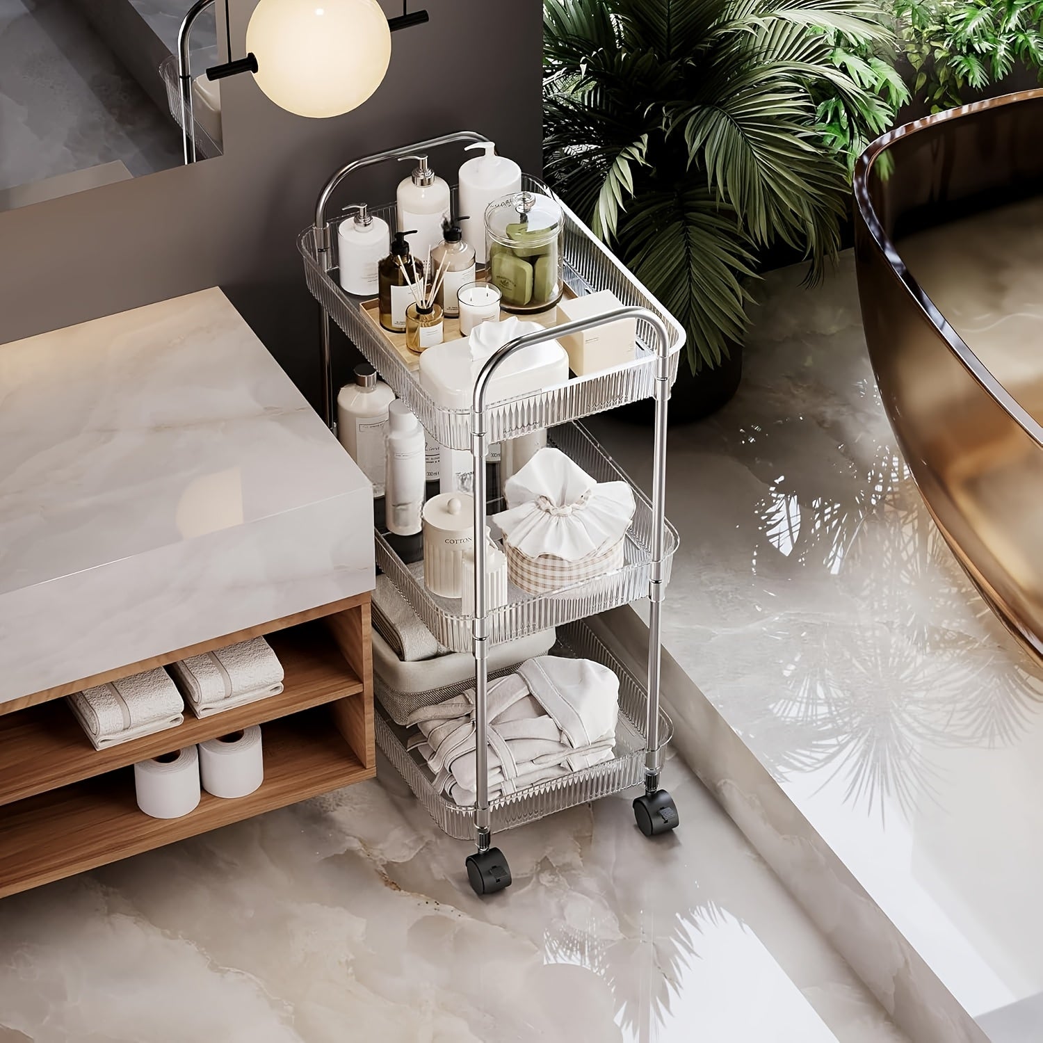 3/4 Tier Rolling Storage Cart with Hanging Storage Boxes, Multifunctional Utility Cart, Acrylic Material & Modern Minimalist Transparent Design, Alloy Frame Handle & 360° Rotating Silent Roller, Snack Cart for Dorm, Bathroom, Bar, Kitchen