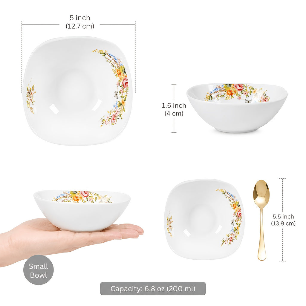 [4pcs Ceramic Bowl] 4pcs Modern Square 5Inch Ceramic Bowl Stylish Curved Edge Design Floral Pattern Soup Dessert Bowl Unique Shape Dinnerware Minimalist Nordic Style Salad Rice Serving Bowl Aesthetic Home Kitchen Tableware