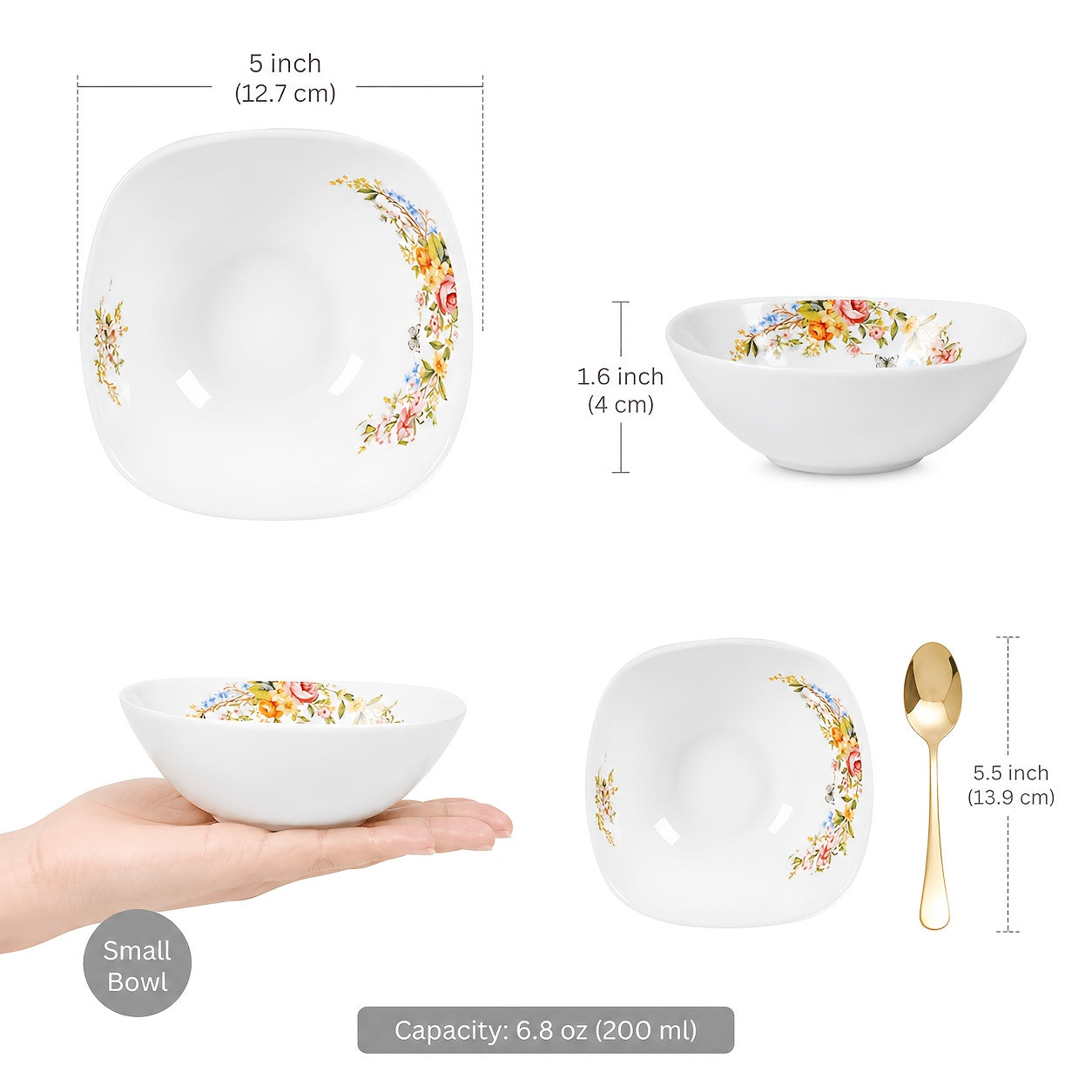 [4pcs Ceramic Bowl] 4pcs Modern Square 5Inch Ceramic Bowl Stylish Curved Edge Design Floral Pattern Soup Dessert Bowl Unique Shape Dinnerware Minimalist Nordic Style Salad Rice Serving Bowl Aesthetic Home Kitchen Tableware