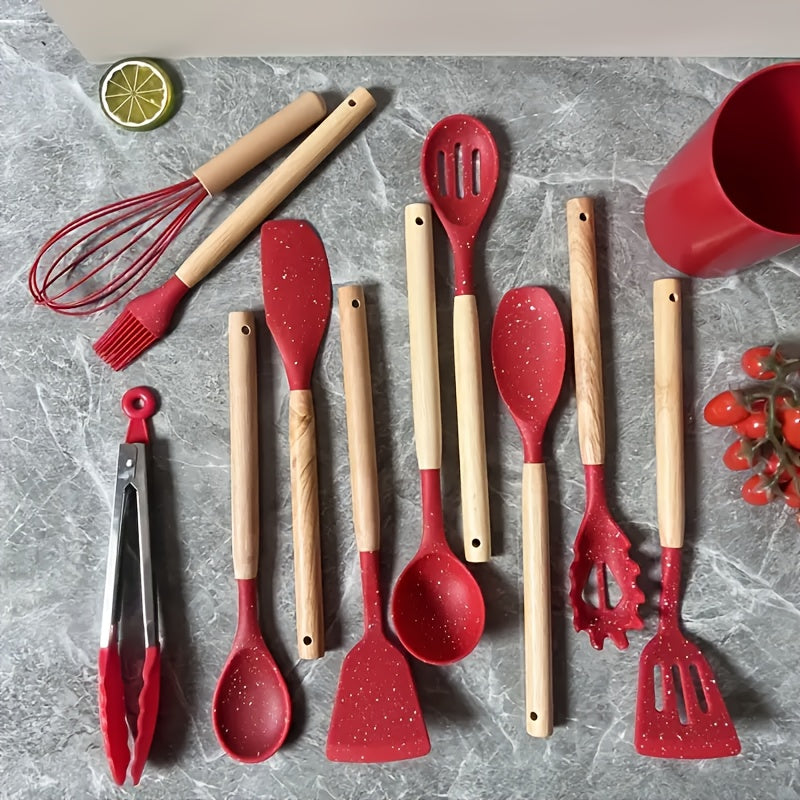 12pcs Silicone Cooking Kitchen Utensils Set with Wooden Handle, Silicone Flip Flop Tongs Spatula Spoon Kitchen Utensils Set for Non-Stick Cookware, Wooden Handle Silicone Kitchen Gadget Utensils Set, Meets Your Cooking Needs
