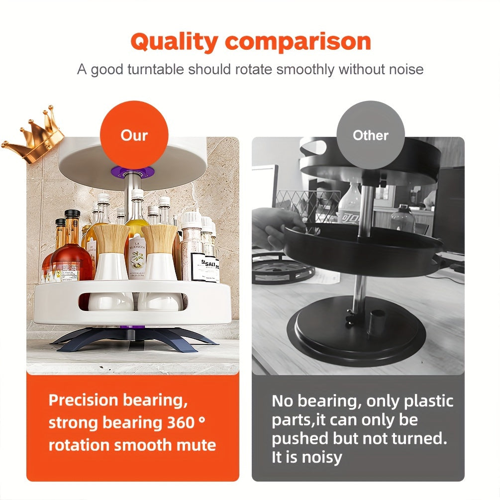 Kitchen Essential – Adjustable 2-tier Kitchen Storage Rack For Spices, Lazy Mechanical Rotating Turntable, Suitable For Various Scenes Such As Kitchen Countertops, Living Room Fruit Storage