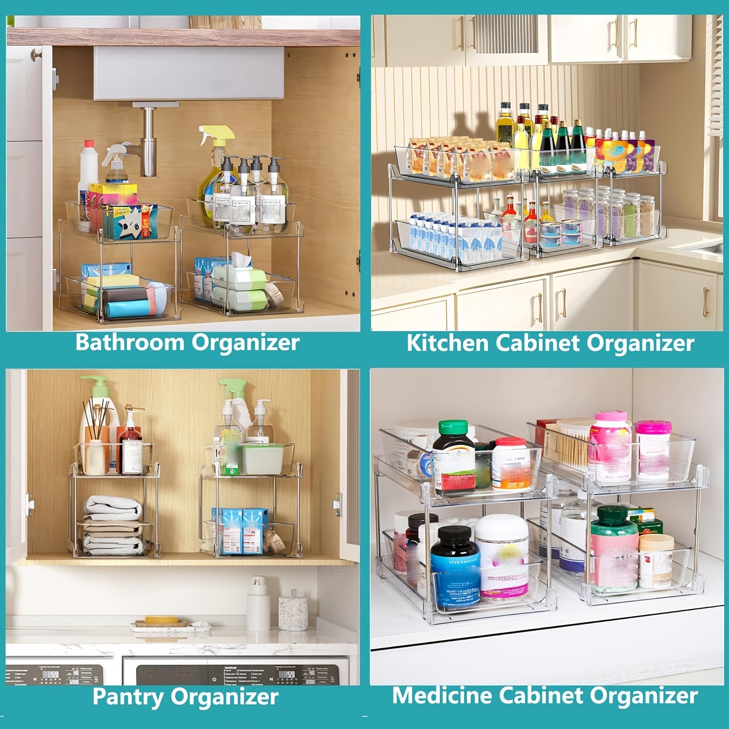 1/2pcs Large-Capacity Double-Layer Transparent Pull-Out Storage Multi-Purpose Slide-Out Storage Container Space-Saving Design Durable Plastic Shelves Bathroom Vanity Storage Sink Cabinet Storage Kitchen Organization