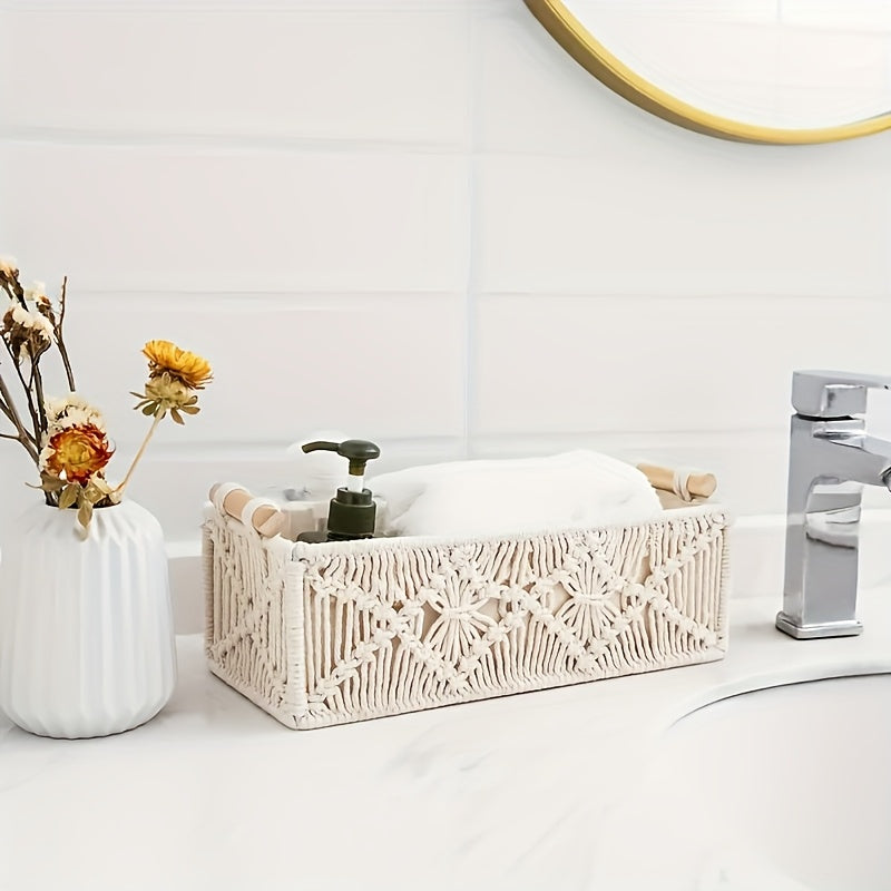 2/4pcs Bohemian Hand-woven Storage Basket In Textile Material With Grid Design Desktop Organization Box For Home And Office