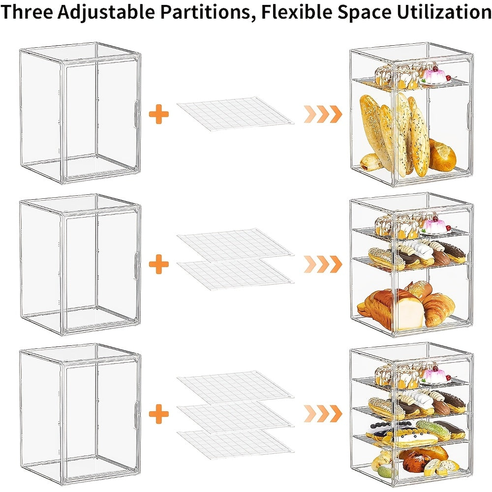 Large Bread Box for Kitchen Countertop, Pastry Display Case with Magnetic Door, with 3 Adjustable Dividers Bread Storage Container for Homemade Bread, Muffins, Bagels, Donuts
