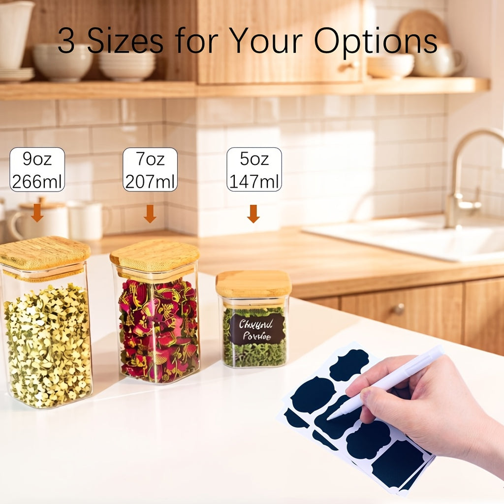 Compact 12pcs Glass Spice Jar Set – clear reusable pantry storage, 12pcs Spice Glass Jars Set with Labels 5oz 7oz 9oz Square Spice Jars with, designed for American homes, daily convenience and practical gifting