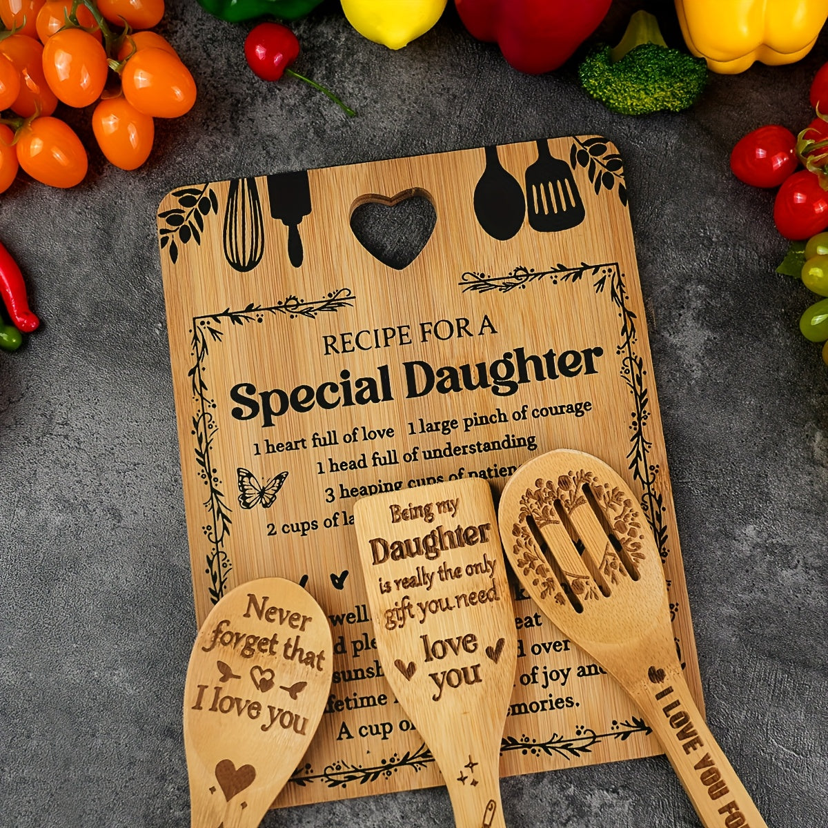 Gifts for Daughter - "Recipe for a Special Daughter" Daughter Birthday Gifts Cutting Board Set Bamboo-Made Engraved Utensil Set Birthday Gifts for Daughter Mothers Day Gifts for Daughter