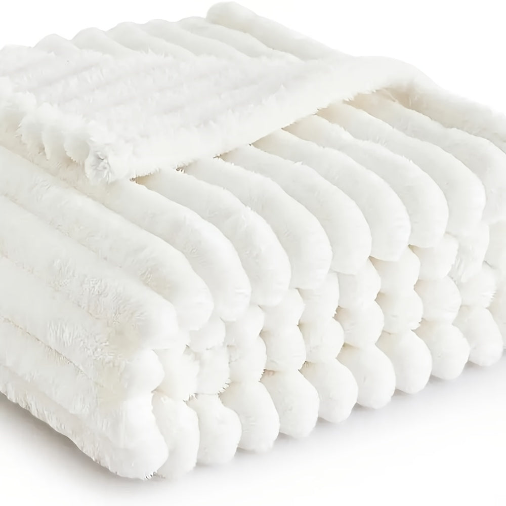 Versatile Cozy Home Textile Accent – comfortable everyday home styling, Luxurious Double-Sided Faux Rabbit Fur Throw Blanket - Cozy Striped Flannel Soft And Warm, designed for American homes, daily convenience and practical gifting