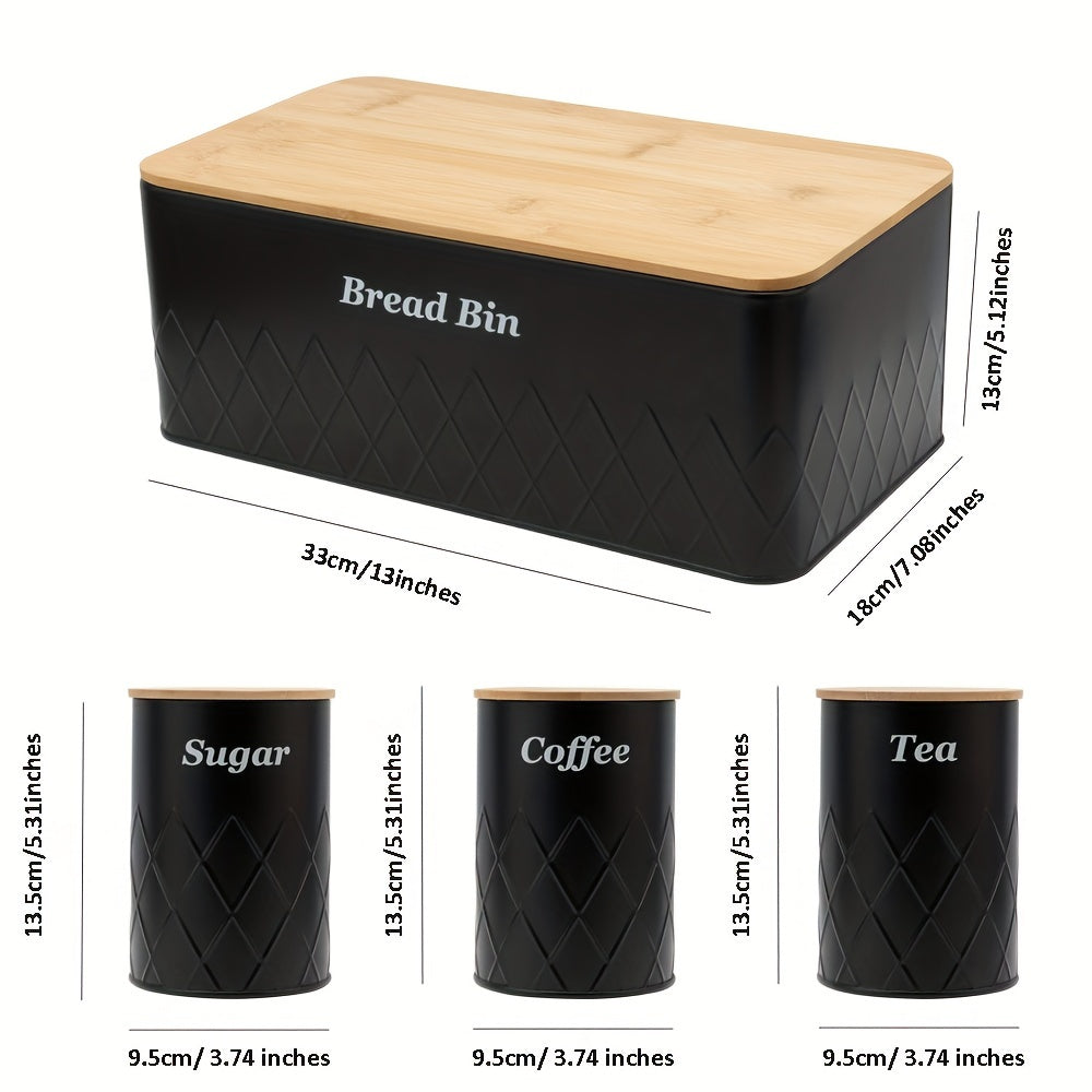 Black Bread Bin with 3 Canister Sets for Tea, Sugar, Coffee Containers