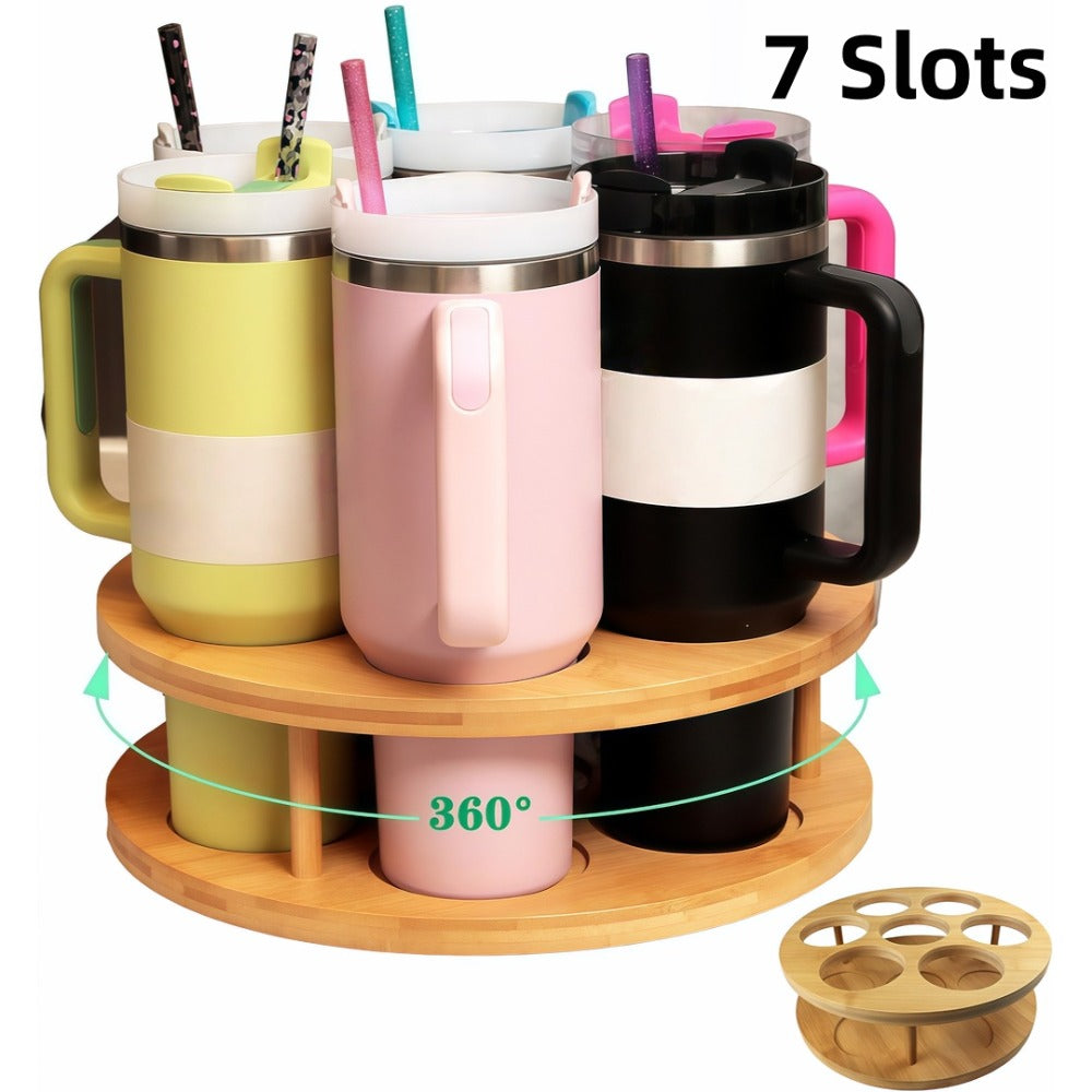 7 - Bottle 360 degree Rotating Storage Rack - Multi - Purpose Wooden Organizer for Kitchen Spices - Water Cups, Space-Saving Display Stand with Smooth Rotation,Tidy Desktop & Countertop Decor