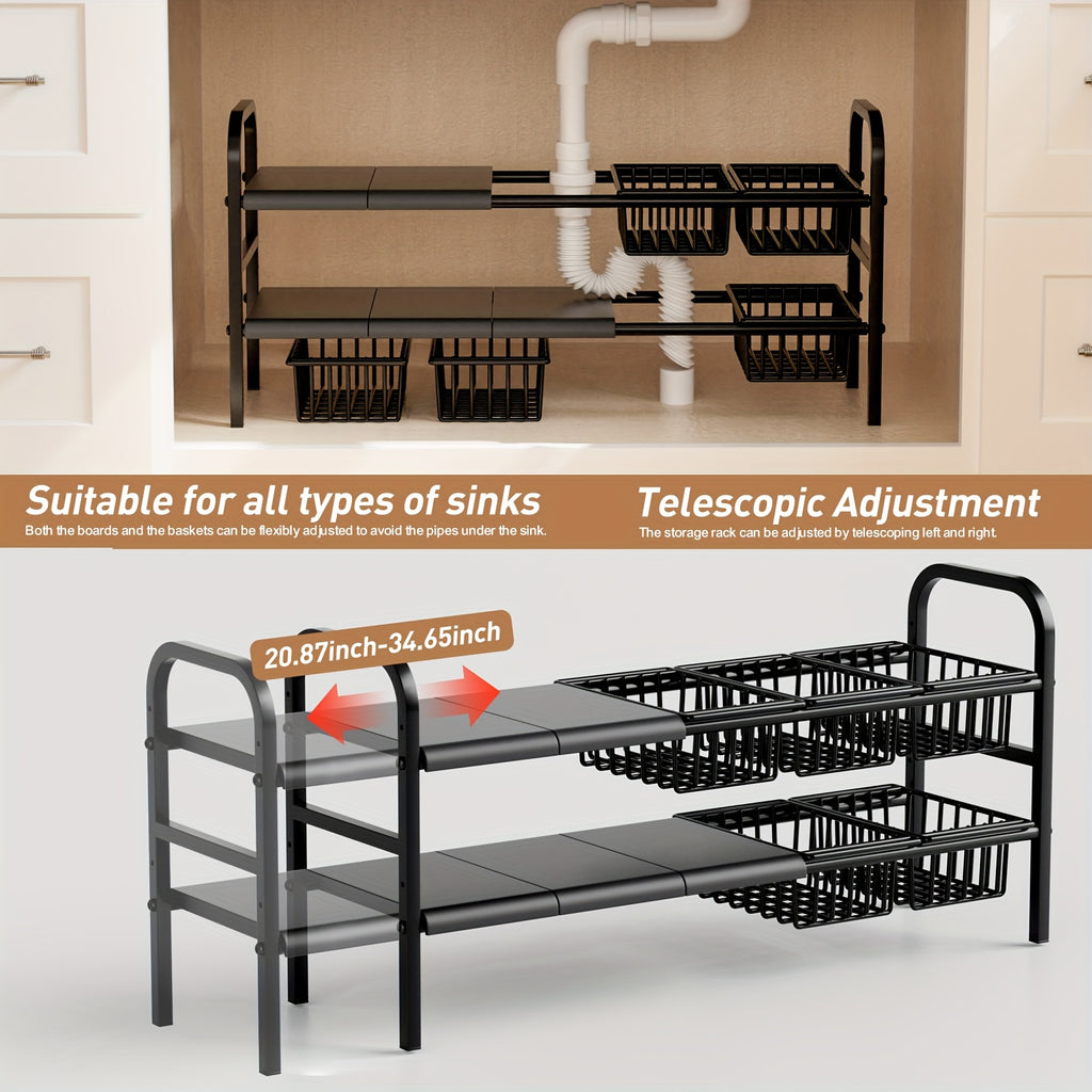Kitchen Essential – 1 Expandable Under Sink Organizer & Locker 2 Tier Cabinet Shelf Organizer with 5 Removable Panels 5 Baskets for Under Kitchen Bathroom Sink Organizer & Storage.Thanksgivi