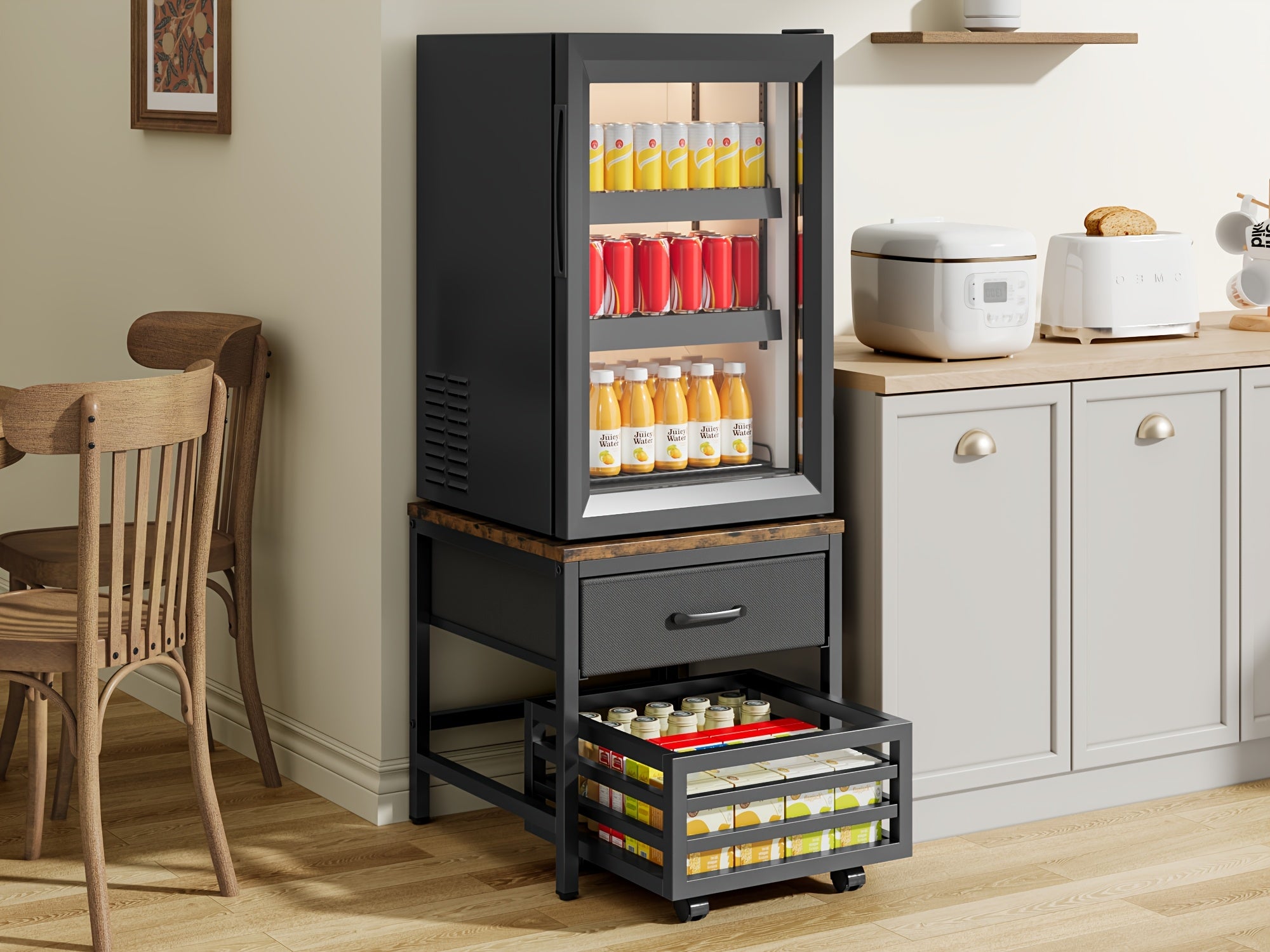Heavy Duty Appliance Storage Shelf with Sliding Shelf & Drawer - Suitable for Fridge, Washer, Dishwasher | 19.69inch Height Shelf with 88lb Basket & Smooth Glide Drawers | 360° Swivel Wheels, Wood for Laundry Room & Kitchen, Utility Racks