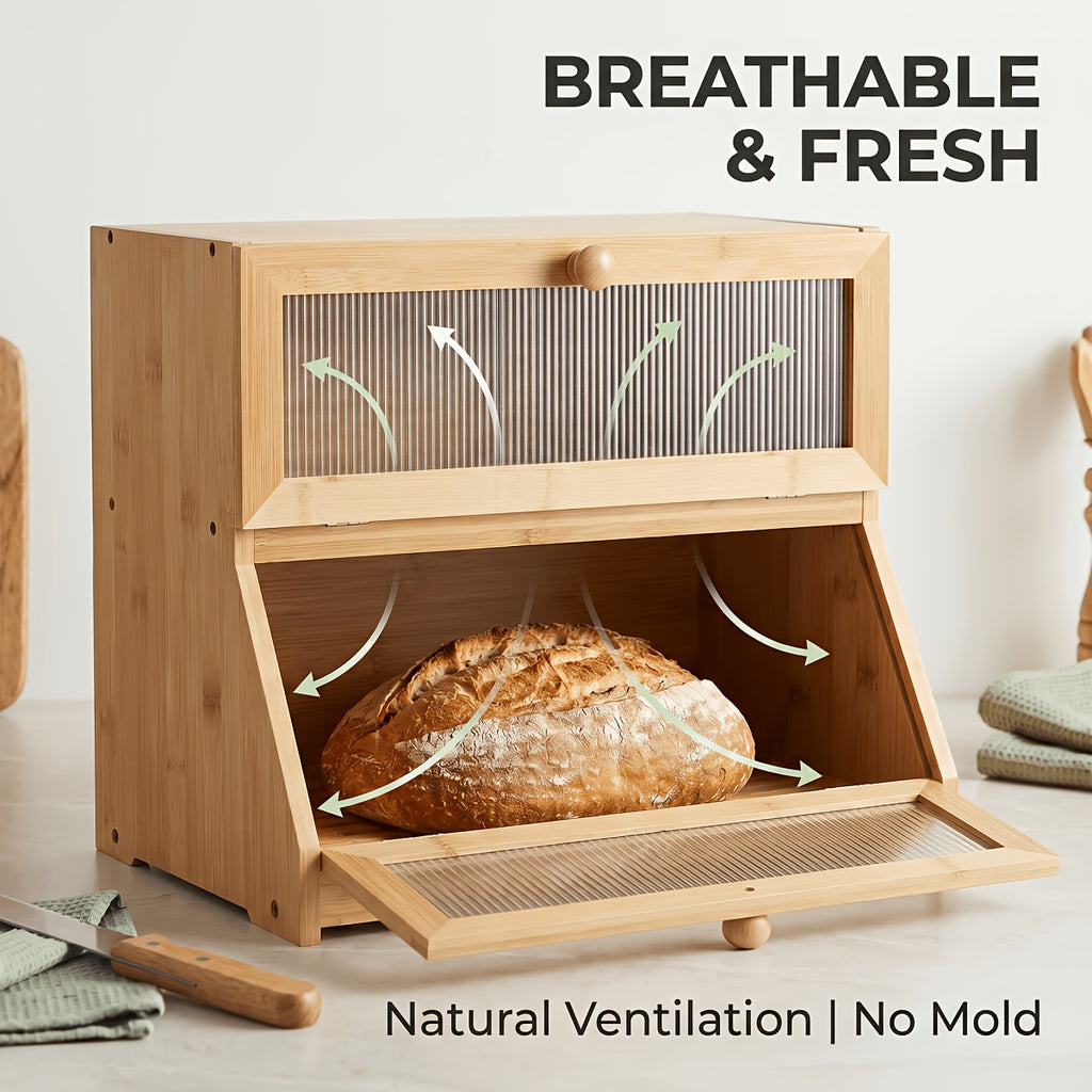 Versatile Countertop Bread Storage Box – fresh-bread countertop organization, 2-Tier Bamboo for bread Box Roll-Top Doors No Cross Flavor Natural Bamboo Countertop Food, designed for American homes, daily convenience and practical gifting