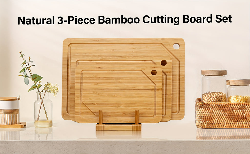 Bamboo Cutting Board for Kitchen, Bamboo Cutting Board Set Of 3 with Juice Groove, Double-Sided Chopping Board Serving Board with Hanging Hole for Meat, Vegetables And Cheese