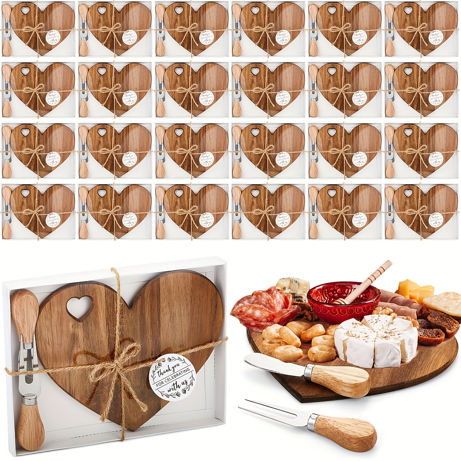 24 Set Bridal Shower Favor Heart Cheese Board Cheese Knives Wood Mini Charcuterie Board Thank You Gift Box for Guest Bridal Baby Shower Prize Wedding Birthday Valentines Day (Acacia Color) Helloween Christmas, Guest Favors, Wedding Gifts, Wooden Serving T