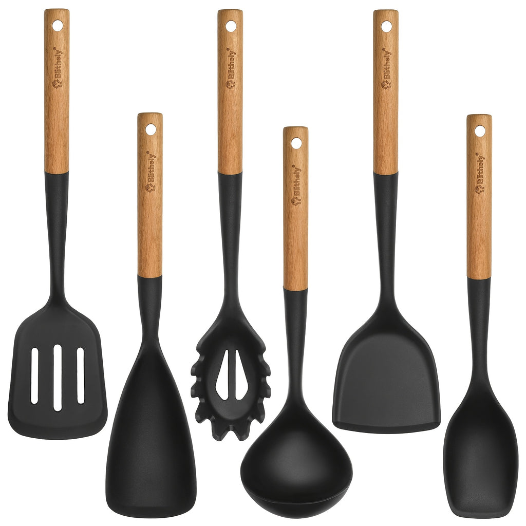 Kitchen Essential – Set of 6 Silicone Kitchen Tools with Wooden Handles, Heat-Resistant Spatula Set Suitable for Nonstick Cookware, Including Spatula, Turner, Spoon, And Ladle, Free from BPA