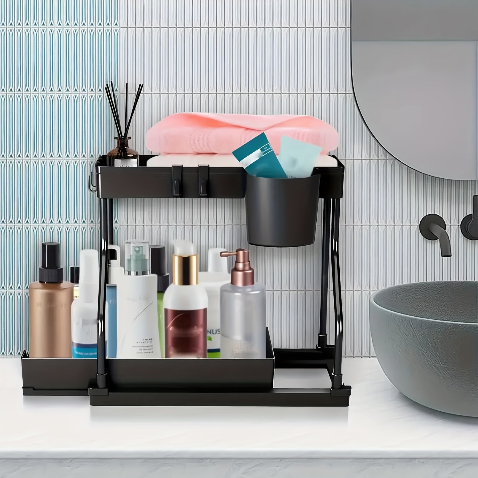 Kitchen Storage Organizer – 2pcs Under Sink Organizer with Sliding Shelves Multi-Purpose Black Plastic Storage Basket for Bathroom And Kitchen Cabinet Durable Construction Bathroom Organizer