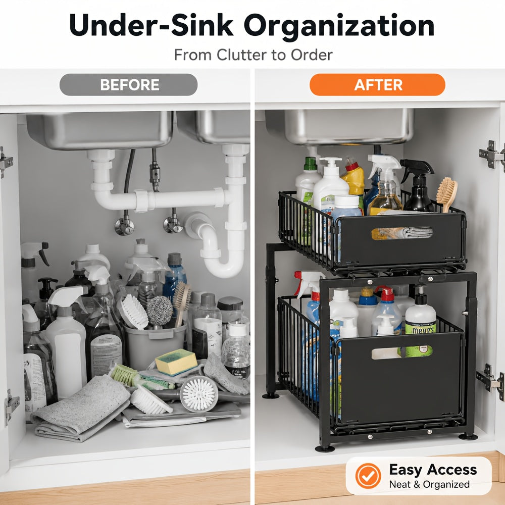 Premium Adjustable Home Storage Rack – durable multi-purpose storage, 2-Tier Pull-Out Organizers Space-Saving 2-Tier Under Sink Organizer with Adjustable Height Sturdy Carbon Steel, designed for American homes, daily convenience and practical gifting
