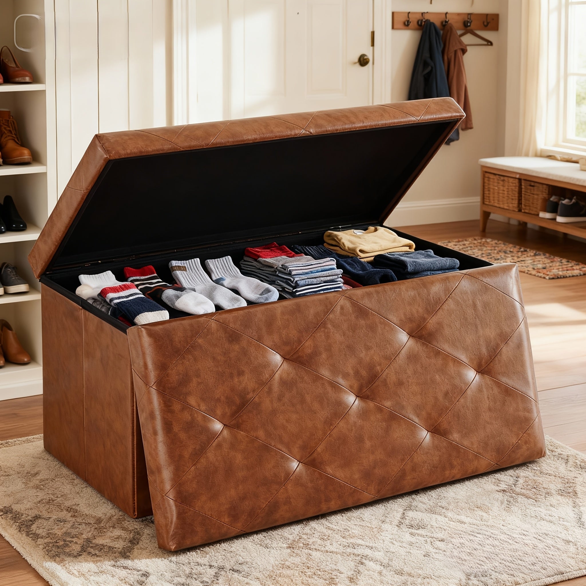 Smart Home Storage Organizer – space-saving everyday organization, Multi-Functional Ottoman with Storage Bench Folding Foot Rest Stool Space-Saving Load 660 lbs Upholstered, designed for American homes, daily convenience and practical gifting