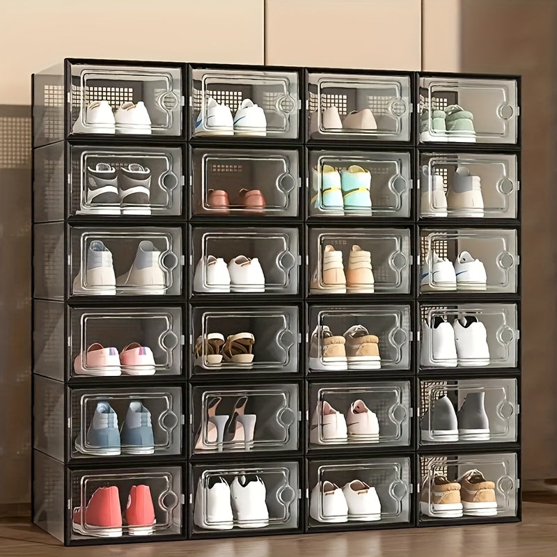 6/12/24pcs Thickened Transparent Shoe Boxes with Lid, Foldable Stackable Free Combination Shoe Rack, Plastic Sneaker Container, Space Saving Storage Organizer for Entryway Bedroom, Home Shoe Box Shoe Racks Shoe Storage Organizer Shelf