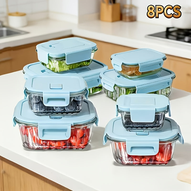8pcs Borosilicate Glass Food Storage Containers with Lids, Light Blue/Green, with Stripes Meal Prep Containers, Airtight Bento Boxes, Leak Proof Locking, for Microwave, Oven, Freezer And Dishwasher, BPA Free, Organization Storage, Gifts