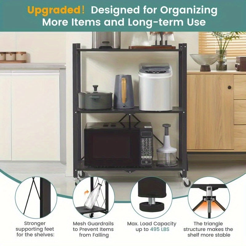 3-Layer Heavy-Duty Foldable Metal Storage Rack with Wheels for Movable Organization, Suitable for Garage Kitchens with a Load-Bearing Capacity of Up to 750 Pounds. Black Kitchen Storage Rack, for garage Storage And Storage Rack