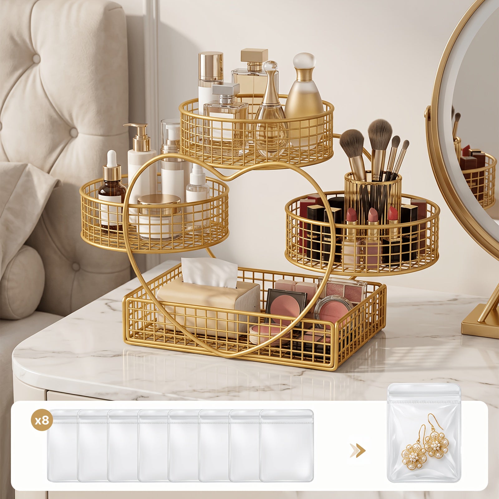Versatile Home Storage Organizer – space-saving everyday organization, Three-tier Countertop Cosmetic Organizer with 8 Transparent Storage Pouches for Earrings necklaces rings Featuring, designed for American homes, daily convenience and practical gi