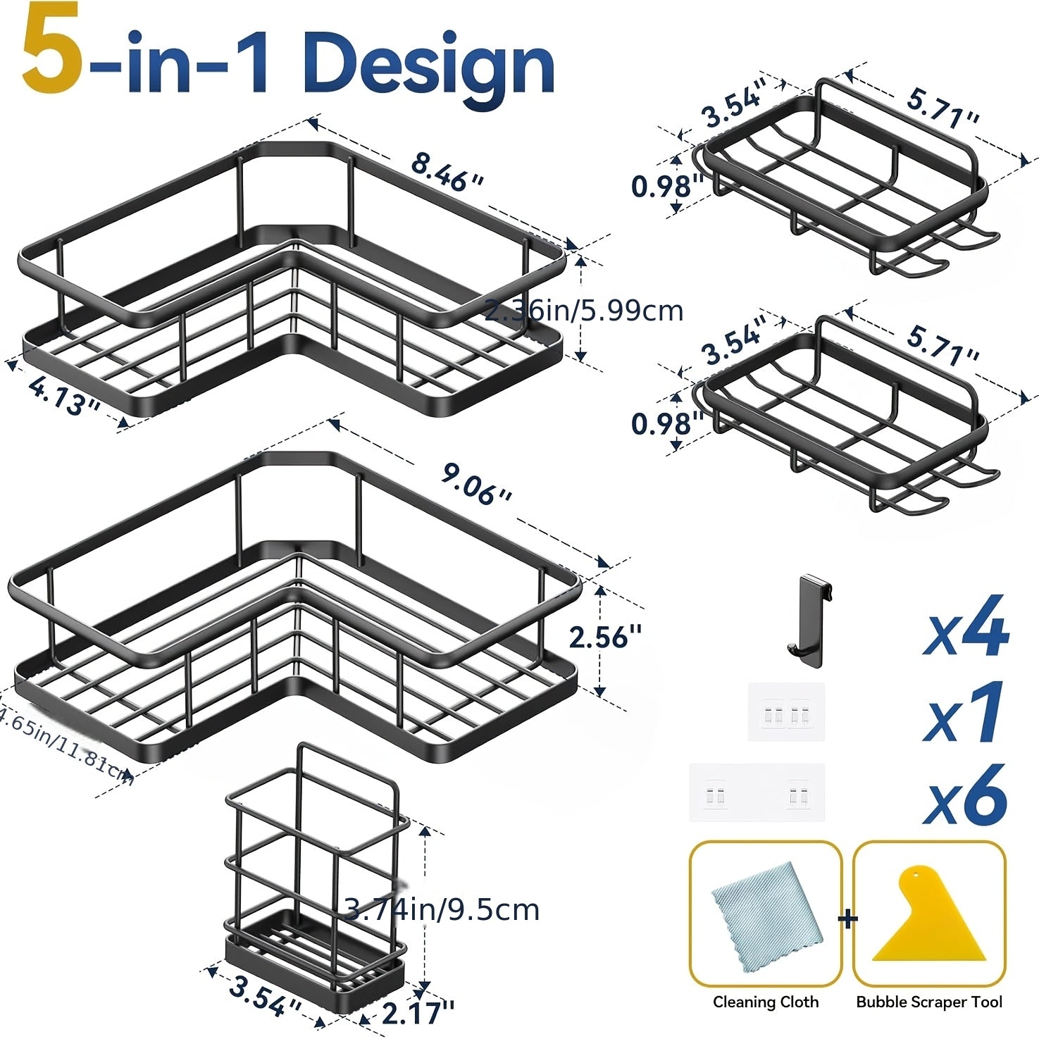Premium 5pcs Adjustable Home Storage Rack – durable multi-purpose storage, Corner Shower Shelf 5pcs Set Adhesive Mounted Rust-Proof Corner Shower Organizer with Soap Dish, designed for American homes, daily convenience and practical gifting