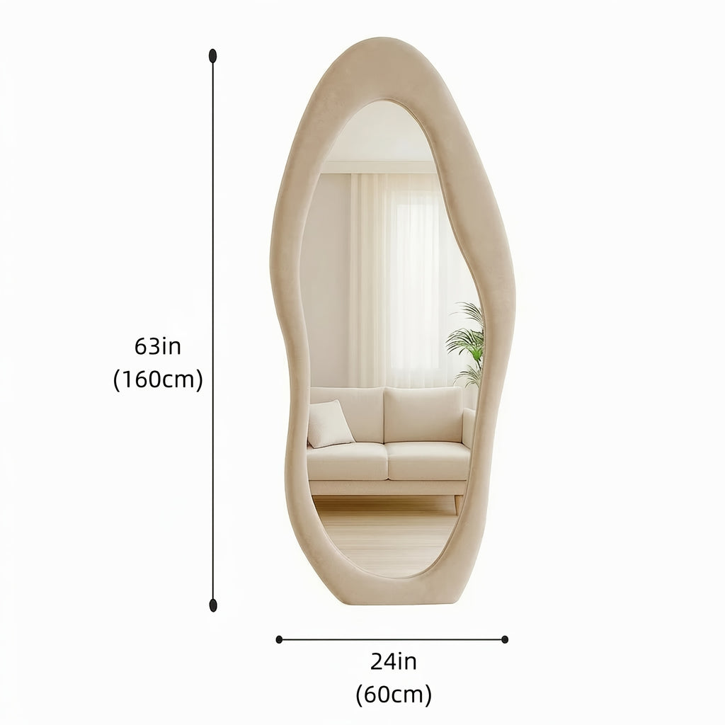 Full Length Mirror – Irregular Velvet Frame Full Length Mirror Safe Rounded Corner for Kids Room (Milk Tea, White, Black, Green, Pink, Blue) for Modern US Homes, clear stylish reflection, Ve