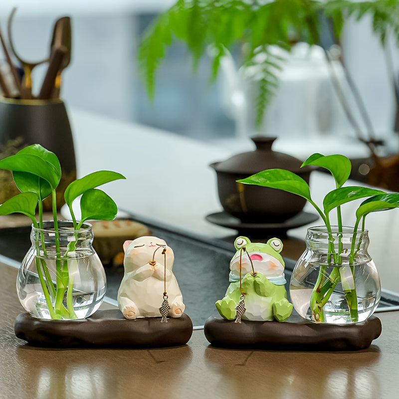 Cute Ceramic Cat and Frog Hydroponic Flower Pot Set-lazy Desktop Vase, Home Decoration Gift, Perfect Choice for Christmas and Various Occasions, Indoor Plant Potted Plants, Interesting Planting Utensils, Desktop Plant Kit, Plant Lovers Must Have