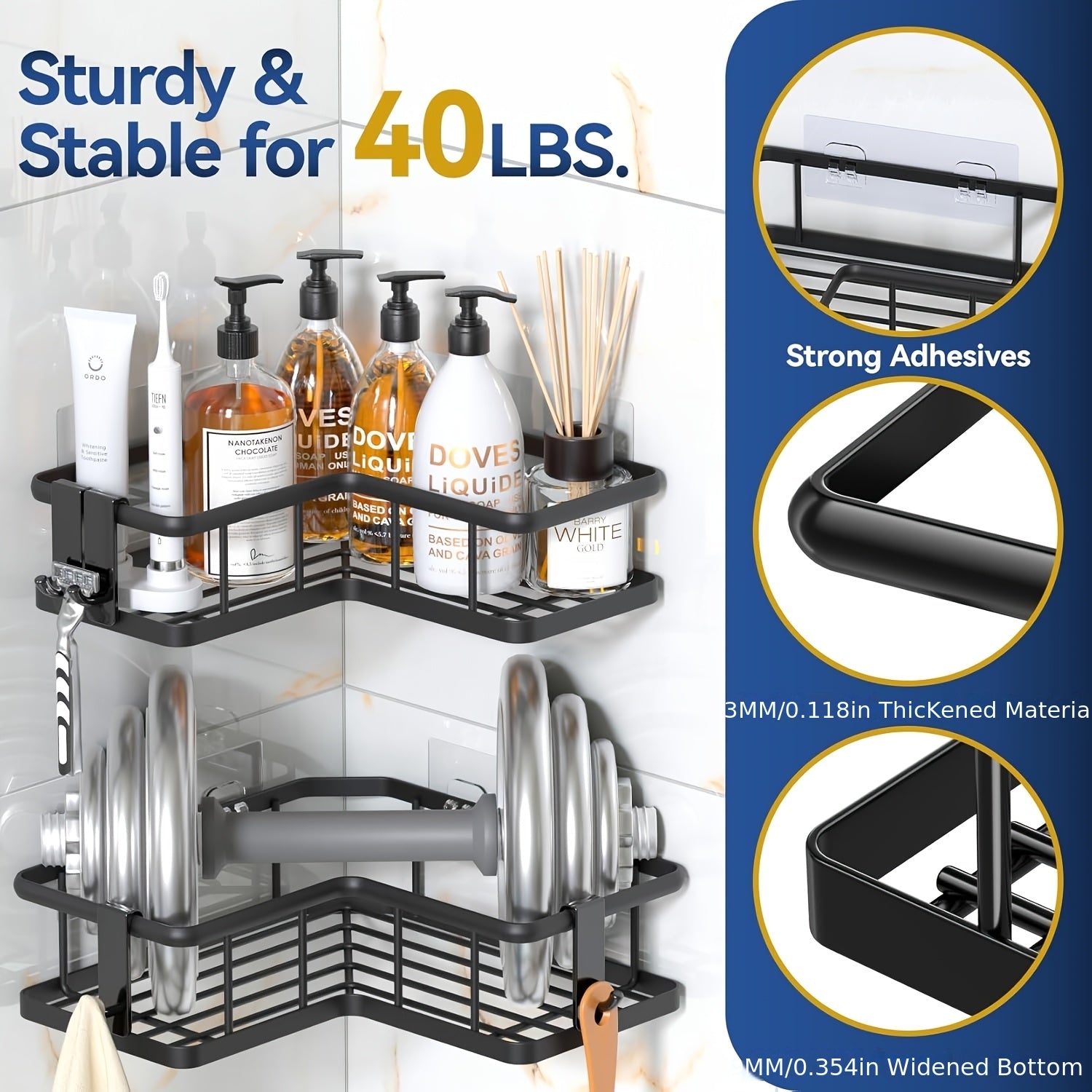 Premium 5pcs Adjustable Home Storage Rack – durable multi-purpose storage, Corner Shower Shelf 5pcs Set Adhesive Mounted Rust-Proof Corner Shower Organizer with Soap Dish, designed for American homes, daily convenience and practical gifting