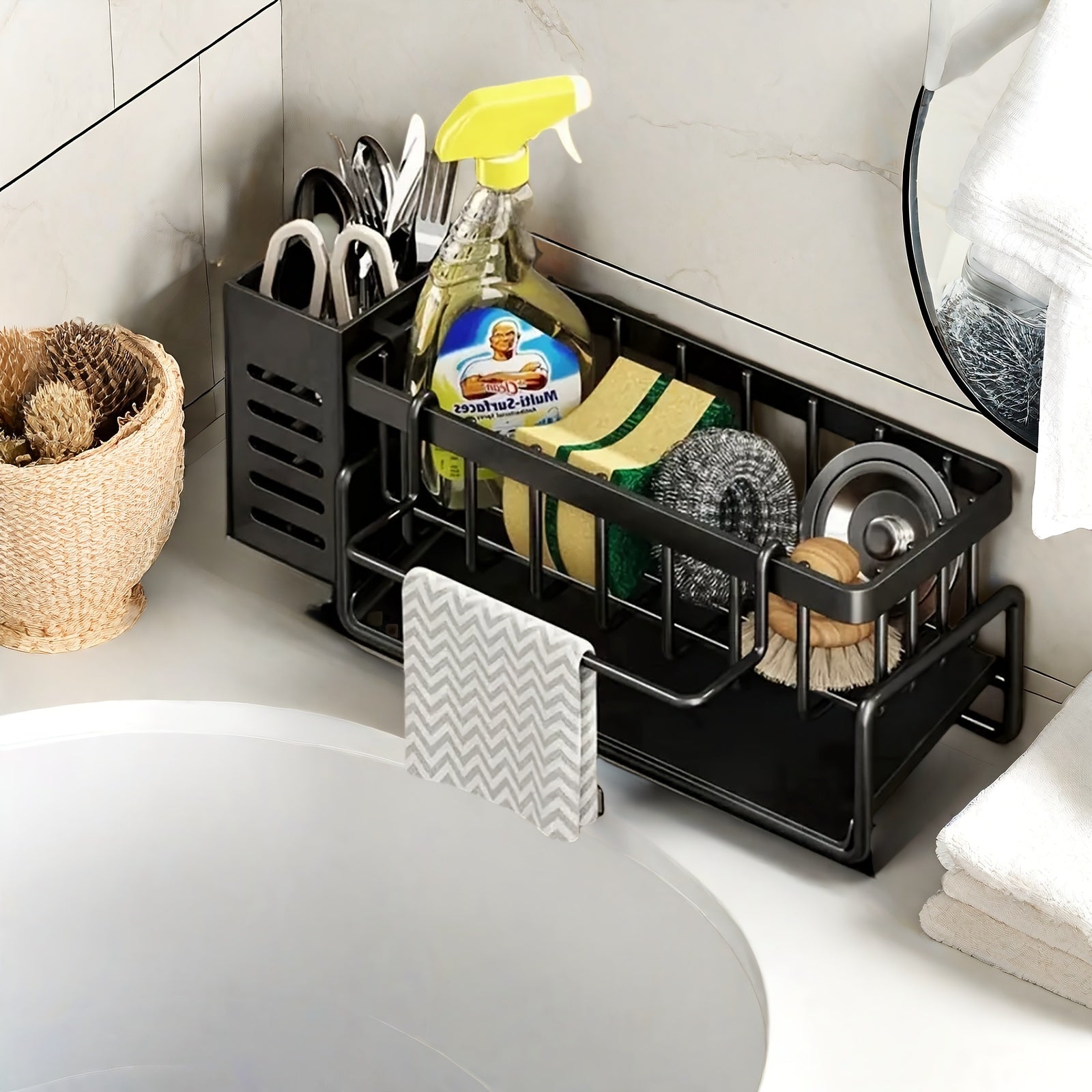 Stainless Steel Kitchen & Bathroom Organizer with Drainage - Multi-Purpose Storage Rack for Spices, Toothbrushes, Soap, and Cleaning Supplies, Includes Drainage Bucket for Sink Organization, Kitchen Sink Organizer