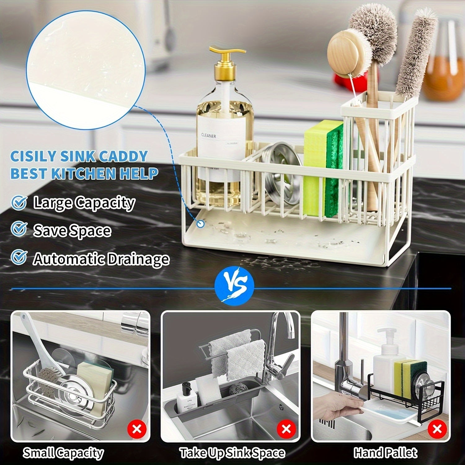 Durable Stainless Steel Kitchen Sink Organizer with Drain Tray - Heavy Duty 304 Rust-Proof Black Sink Storage Basket, Versatile Sponge And Brush Holder, Space-Saving Dish Rack Accessory for Sink And Countertop Without Dishwasher