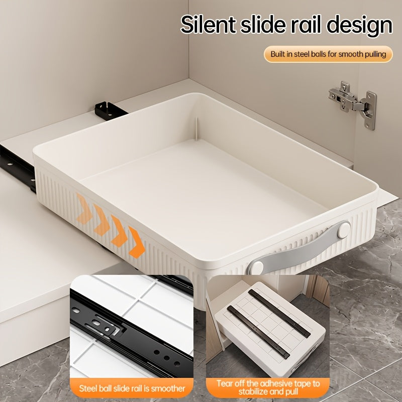 Pull-Out Cabinet Organizer Tray, Heavy-Duty Sliding Drawer with Smooth Steel Ball Bearing Rails, No-Drill Adhesive Installation, Multi-Purpose Storage for Kitchen Cabinets, Pantry, Closet, Under Sink & Home Organization